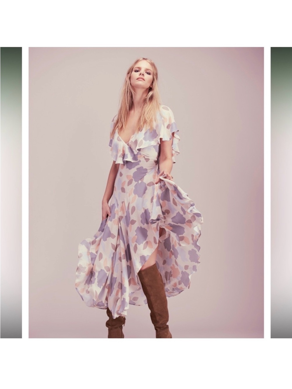 Free people Floral wrap Pastel Ruffle flutter sleeve Maxi Dress Lavender/Pink xs